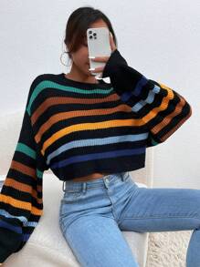 Chiquease 女士撞色条纹印花圆领长袖毛衣套头衫、长袖上衣 - 黑色 - 查看 4