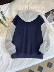 SHEIN Teen Girls Knitted Color Block Loose Casual English Logo Graphic Sweatshirt With Pockets - Multicolor - View 2