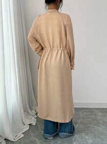 Chiquease 女士休闲宽松系带腰部可调节飘逸长款开衫 - 卡其色 - 查看 2