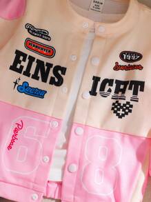 Baby Girls Letter Print Color Block Buttoned Front Long Sleeve Jacket, Casual Daily Wear