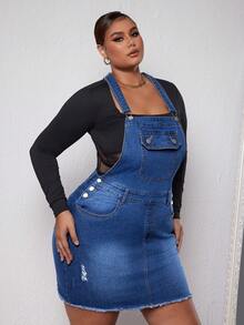 CovetEZ Plus Size Solid Color Pocket Distressed Frayed Edge Pinafore Denim Dress - Dark Wash - View 4