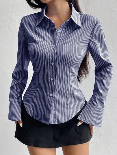 Flirla 女士休闲修身条纹长袖衬衫，女士休闲纽扣长袖衬衫领常规款式常规多色喇叭袖衬衫女式衬衫，春季/秋季，职业/商务装/工作服，长袖上衣