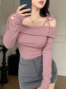 DAZY 女士露肩系带长袖休闲柔软T恤，秋季服装 - 粉色 - 查看 6