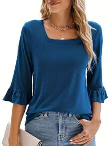 INAWLY Maglietta elegante a maniche corte con scollo quadrato e colore unito da donna - Blu - Visualizzare 1