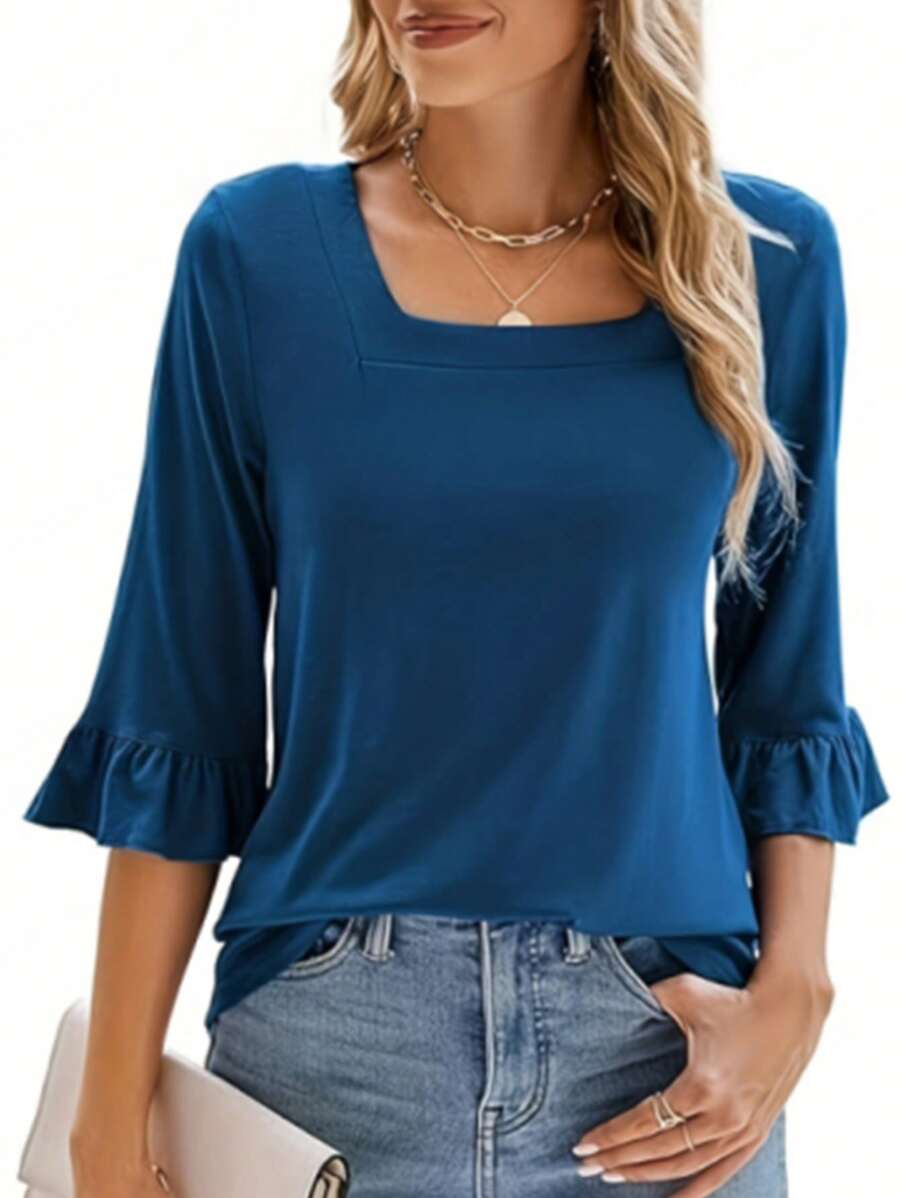 INAWLY Maglietta elegante a maniche corte con scollo quadrato e colore unito da donna - Blu - Visualizzare 1