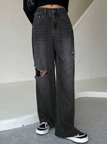 DAZY Women's Loose Distressed Straight Leg Jeans, Casual Street Style - Dark Grey - View 3