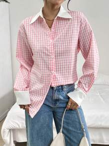 SHEIN Essnce Camisa casual de cuadros rosas y blancos de retazos para mujeres, ropa de mujer, camisa de mujer para primavera y otoño - Rosa - Ver 3