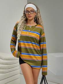 VARSITIE Casual Loose Women's Color Block Stripe Print Long Sleeve T-Shirt