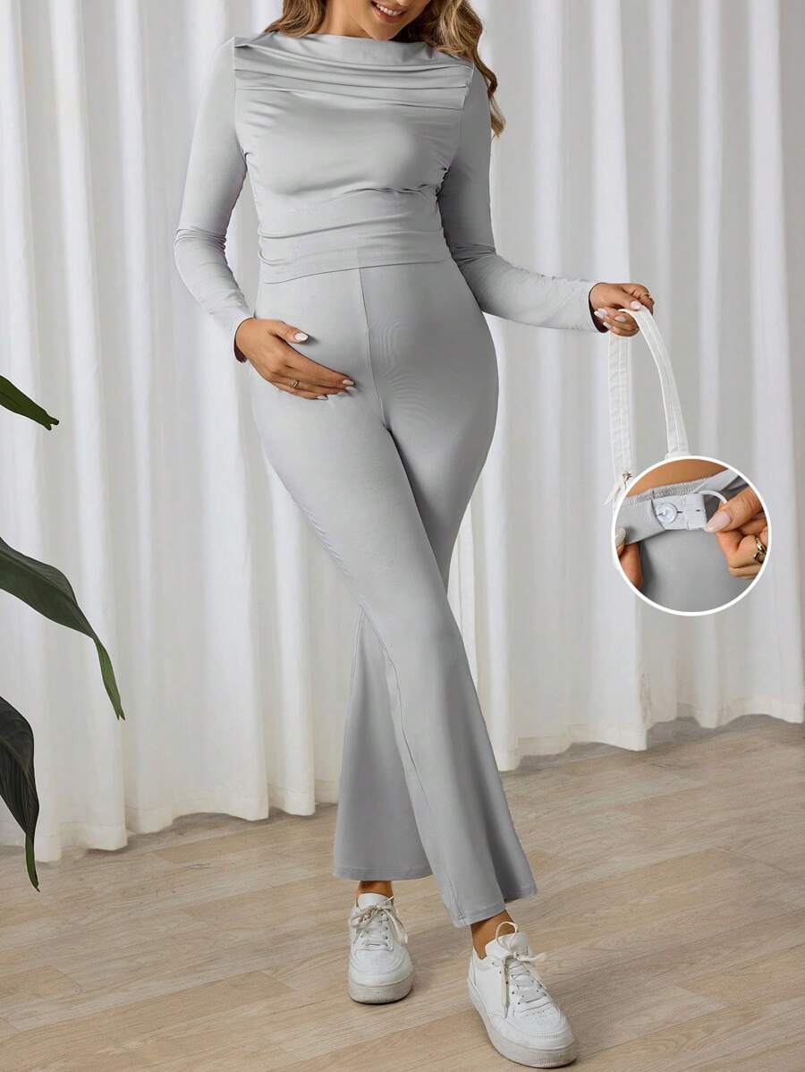 SHEIN 2pcs Maternity Solid Color Long Sleeve Simple Blouse And Pants Casual Suit - Light Grey - View 1