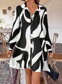 Chiquease 女款長袖高低下擺襯衫裙 - 黑與白 - 查看 5