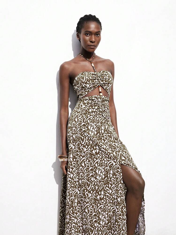 SHEIN Maija 2026 Spring/Summer Women's Print Decor White & Coffee Beaded Pendant Hollow Waist Ruffle Dress, Teacher Summer Outfit Cheetah Print Dress Casual Holiday Beach Cruise Travel  Romantic, Fashion, Versatile; Suitable For Summer Vacation, Comfortable, Bohemian Style, Beach Wear, Simple Daily Wear, Country Style, Essential, Solid Color, Holiday Casual, Decent, Single Lady,