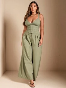 SHEIN BAE Pantaloni da abito eleganti e alla moda di colore verde chiaro a gamba larga diritta e con piega invertita per donne taglie forti, adatti per appuntamenti informali - Verde - Visualizzare 5