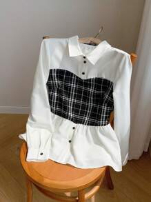 Comfortcana Camisa de manga larga suelta a cuadros empalmada para primavera/verano/otoño, conjunto de 2 piezas - Blanco - Ver 7