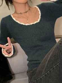INAWLY 女士撞色拼接饰边休闲长袖毛衣，针织套头衫，秋冬款 - 彩色 - 查看 3