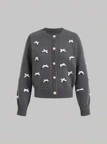SHEIN MOD Cárdigan de cuello redondo de manga larga con adorno de lazo gris, otoño/invierno - Gris - Ver 2