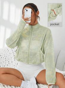 SHEIN Sovereign Charm Women's Casual Camo Mock Neck Long Sleeve Open Front Jacket With Pockets, Suitable For Running, Yoga, Fitness Exercise - Multicolor - View 1