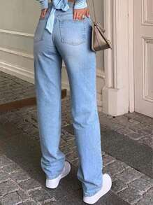 Women's Belted Waist Button Pocket Loose Wide Leg Simple Slimming Straight Leg Jeans - Light Wash - View 2