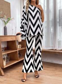 Chiquease Color-Blocked One Shoulder Floral Printed Batwing Sleeve Top And Flared Pants Set Fall Cloth For Women