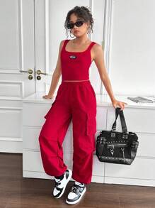 SHEIN Leap Crew 2 件套青少年女孩针织纯色背心，带贴袋和宽松褶皱阔腿裤休闲装 - 紅色 - 查看 4