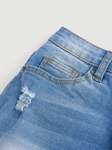 SHEIN Quần short denim rách nhiều túi cài nút phía trước cho bé gái tuổi teen - Rửa nhẹ - Xem 4