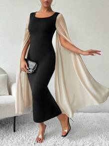 Chiquease Autumn Women Long Patchwork Cloak Sleeve Fitted Dress - Black - View 5