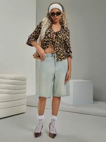 VARSITIE Retro Stil Golf Shirt mit Plakette, Schleifen-Ärmeln und Leoparden Muster für Damen Oberteile & Tanks