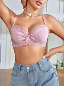 SHEIN Women's Solid Color Lace Patchwork Spaghetti Strap Bow Decor Bra - Pink - View 3