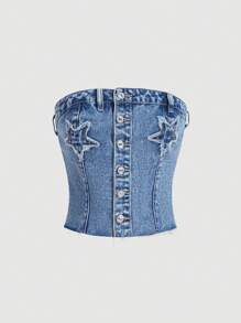 SHEIN MOD Women's Single-Breasted Fashionable Denim Bustier Top, Summer - Light Wash - View 1