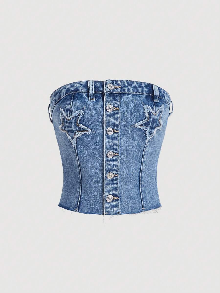 SHEIN MOD Women's Single-Breasted Fashionable Denim Bustier Top, Summer - Light Wash - View 1