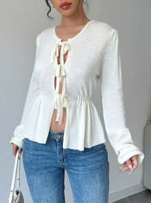 Chiquease Tie Front Ruffle Hem Cardigan Fall Cloth For Women - Beige - View 4