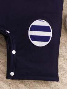 SHEIN Playful Pals 男婴可爱恐龙刺绣贴布条纹拼接吊带连体裤春夏 - 藏蓝色 - 查看 6