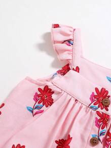 Cozy Pixies 3pcs Baby Girl Ditsy Floral Square Neck Sleeveless Cardigan Shirt And Plain Color Suspender Shorts Set