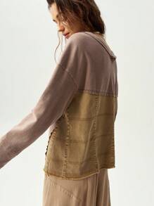 Bohemela Women's V-Neck Raglan Sleeve Patchwork T-Shirt - Camel - View 2