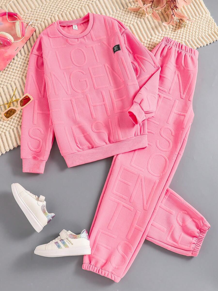 2 件套青少年女孩粉色圆领压花字母运动衫和压花字母休闲裤套装，秋冬 - 粉色 - 查看 1