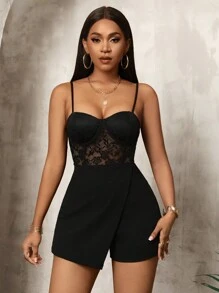 BamGleam Women's Lace Patchwork Casual Solid Color Slim Fit Jumpsuit With Spaghetti Straps - Black - View 3
