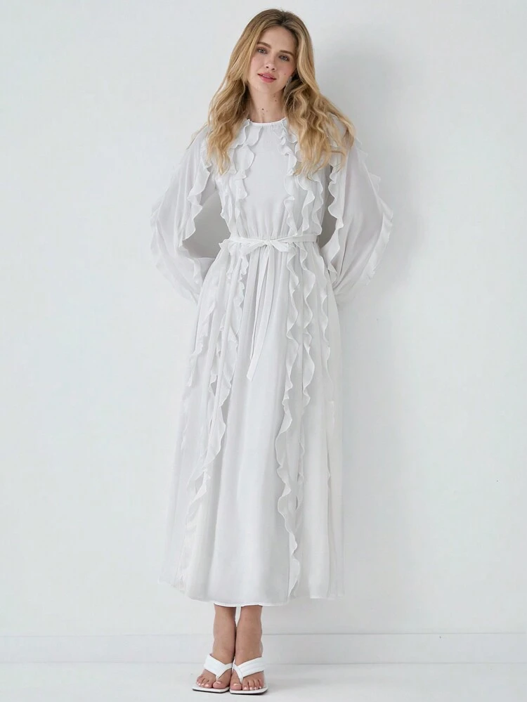 Romantic Fall Holiday White Elegant Long Sleeve Ruffle Hem Midi Casual Dress