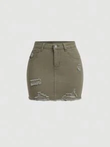 SHEIN Teen Girl Button Belt Loop Ripped Denim Skirt - Army Green - View 1