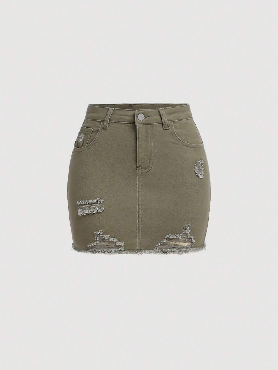 SHEIN Teen Girl Button Belt Loop Ripped Denim Skirt - Army Green - View 1