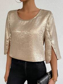 SHEIN Clasi 女式纯色休闲圆领开袖衬衫，适合新年假期聚会服装 - 金色 - 查看 5