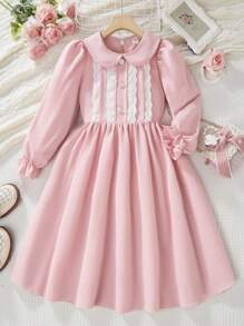 Tween Girls Màu Trơn Trang Trí Ren Cổ Peter Pan Áo Dài Tay - Hồng - Xem 1
