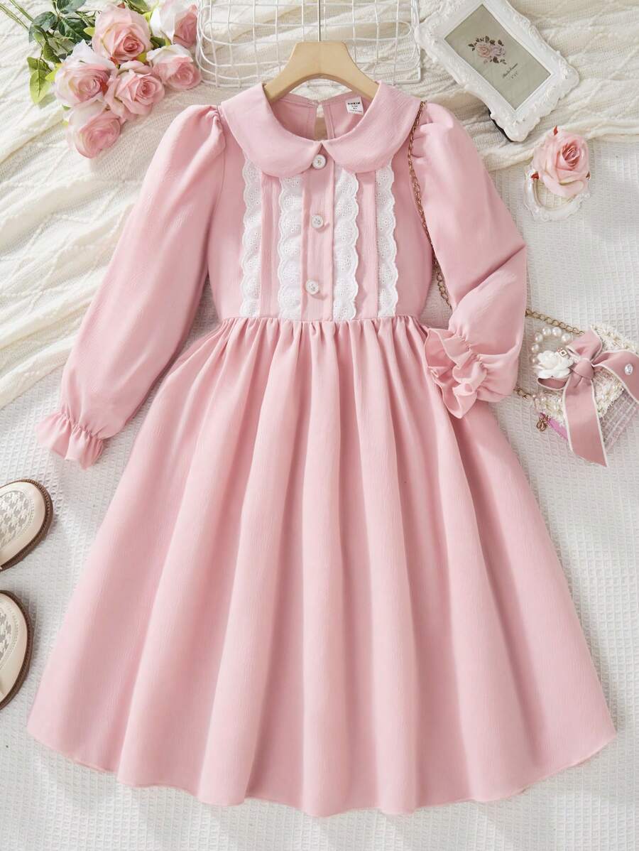 Tween Girls Màu Trơn Trang Trí Ren Cổ Peter Pan Áo Dài Tay - Hồng - Xem 1