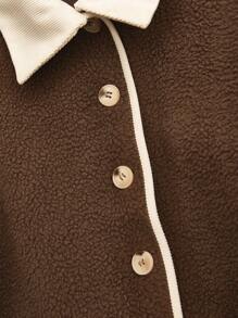 SHEIN Unity Premium Design Casual Oversized Turndown Collar Contrast Trim Button Front Long Sleeve Fluffy Coat - Brown - View 5