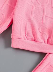 2 件套青少年女孩粉色圆领压花字母运动衫和压花字母休闲裤套装，秋冬 - 粉色 - 查看 3