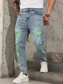 Manfinity LEGND Plus Size Men's Front Button Closure Multi-Pocket Distressed Denim Jeans, Casual Everyday Wear - Light Wash - View 4