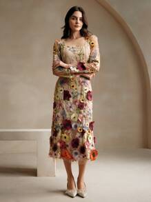 Anewsta 女士方领优雅刺绣手工串珠花卉连衣裙（印花不对称图案） - 杏色 - 查看 5