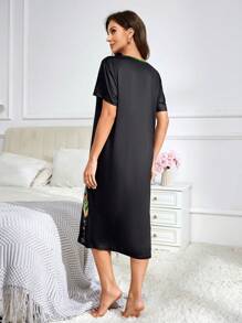 女士宽松圆领羽毛印花短袖睡裙，优雅迷人，Moo Moo - 彩色 - 查看 3