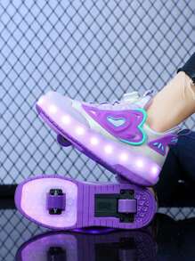 Zapatos de patines con luz LED para niños recargables con múltiples modos, soporte removible, decoración de plástico con forma de corazón, ajuste de hebilla y diseño elegante, fácil de poner y quitar, adecuado para patinar en interiores y exteriores en primavera/otoño. - Multicolor - Ver 1