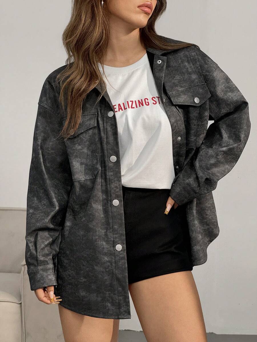 SHEIN EZwear 仿旧牛仔效果纹理超大皮夹克，秋冬 - 黑色 - 查看 1