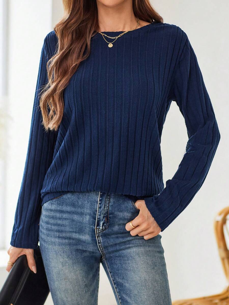 EMERY ROSE Fall Women Clothes Dark Blue Round-Neck Long-Sleeve T-Shirt For Autumn