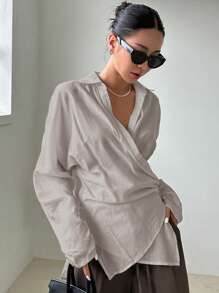 DAZY 女士纯色简约长袖衬衫 - 卡其色 - 查看 1